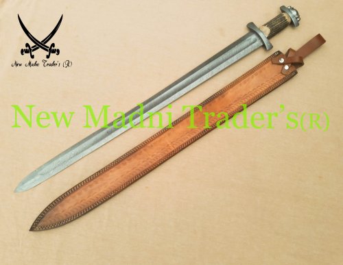 38" DAMASCUS STAG ANTLER HANDLE HANDMADE VIKING SWORD